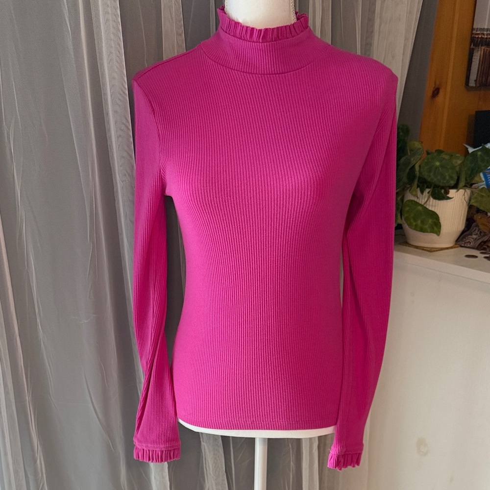 J. Crew Classic Pink Ribbed Mock Neck Long Sleeve Top with Ruffle Trim